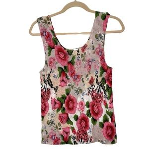 Vintage Floral Scrunch Tank Top Pink and Tan Women’s Size 14